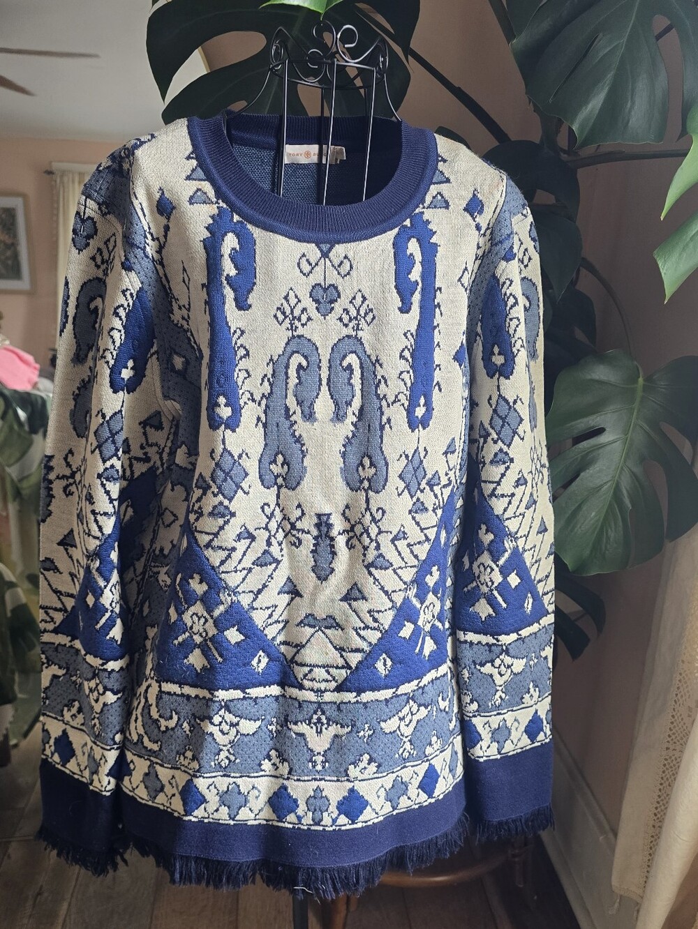Tory Burch Lisbon Tapestry Jacquard Fringe Wool Blend Sweater Blue XL